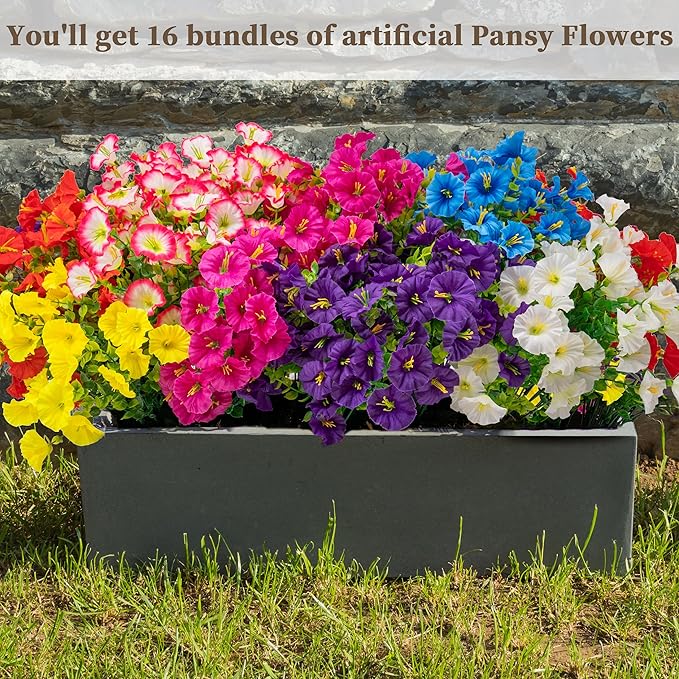 16PCS Artificial Fake Flowers for Outdoors/Indoors, Faux Silk Colorful Morning Glory with Eucalyptus, UV Resistant Realistic Floral Arrangement for Garden Porch Window Box Home Balcony Yard (8 Colors) ColoPlay