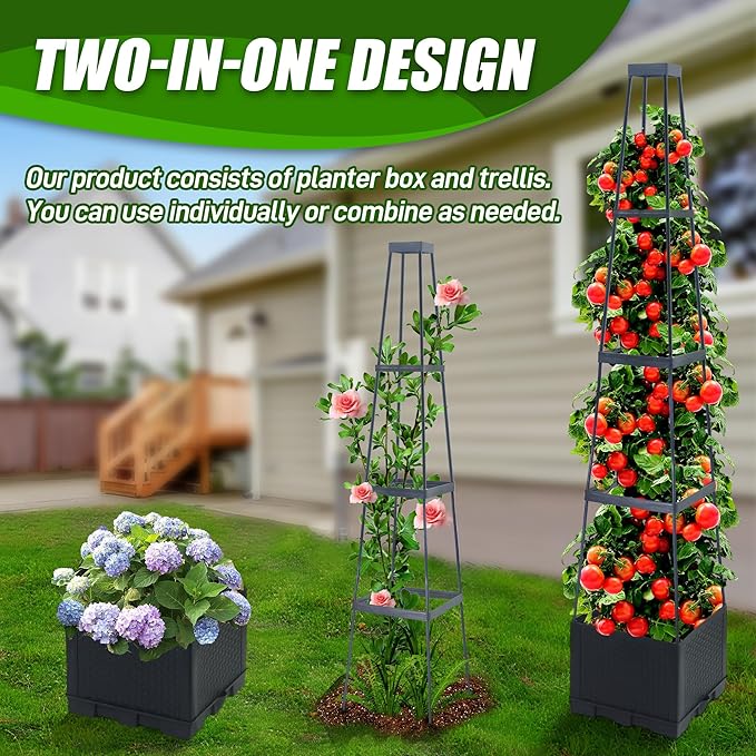 2 Packs Raised Garden Bed Tomato Planter Box with Trellis,56.8" Self-Watering Tomato Cage with Trapezoidal Trellis for Climbing Plants Flowers Vegetables Vine in Patio Garden Indoor Outdoor Biotolot