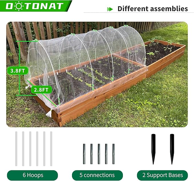 8FT Garden Hoops Grow Tunnel Kit - Rust-Free Fiberglass Frame for Raised Beds, 36pcs - DIY Plant Support for Garden Netting, Row Covers, and Greenhouse Protection OOTONAT