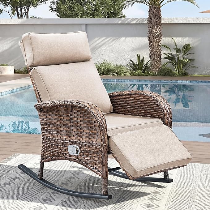 Zero Gravity Patio Rocking Wicker Recliner Chair - Wicker Outdoor Lounge Chair with Adjustable Backrest & Footrest, All Weather Reclining Rocker Chairs with Thick Cushion for Pool Deck Beige JelwalyPatioFurnitureSet