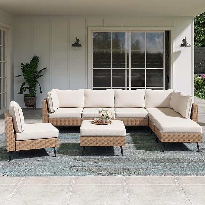 LAUSAINT HOME Outdoor Patio Furniture, 8 Piece Outdoor Sectional Sofa PE Rattan Wicker Patio Conversation Sets,All Weather Patio Furniture Set with Thick Cushions for Garden, Poolside, Backyard(Beige) LAUSAINTHOME