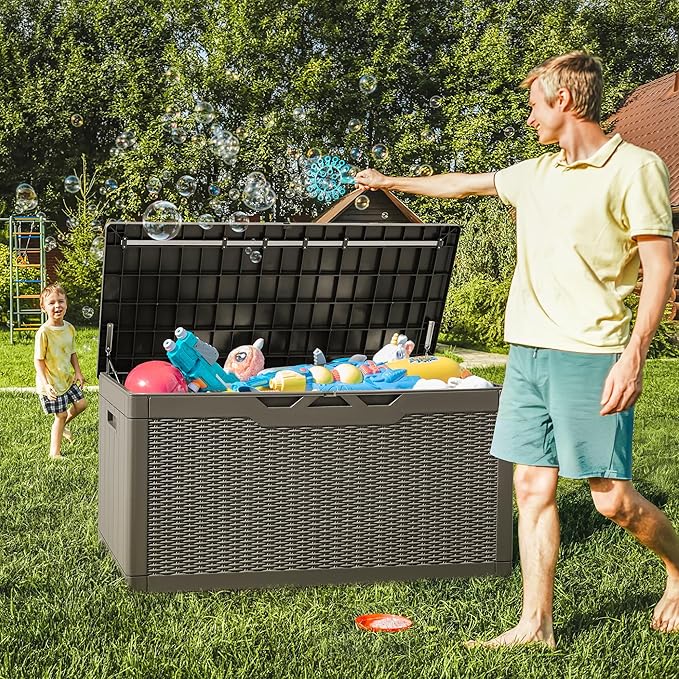 Greesum 100 Gallon Resin Deck Box Large Outdoor Storage with Cushions for Patio Furniture, Garden Tools, Pool Supplies, Weatherproof and UV Resistant, Lockable, Light Coffee BuynowfromGreesum