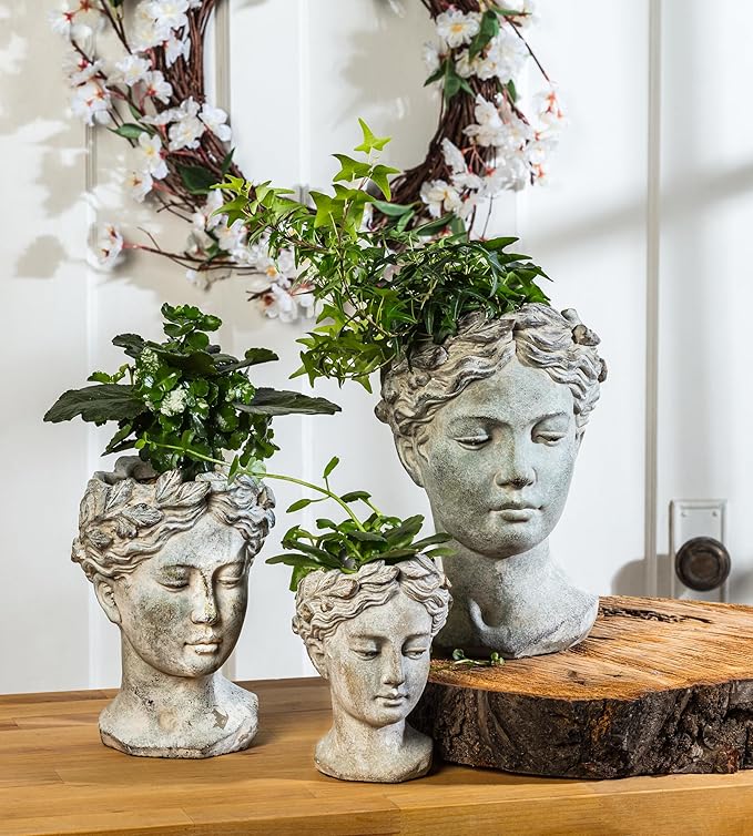 Abbott Collection Goddess Head Planter – Small Cement Indoor and Outdoor Planter Pot – Grecian Woman Statue Head Planter for Flowers and Succulents (Grey, 8.5" Tall, 3.5" Opening) AbbottCollection