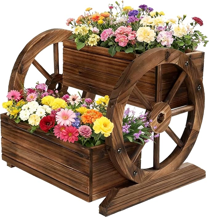 NestNature Wooden Wagon Planter Box,Raised Garden Bed,Decorative Garden Planters with Wheels-Outside Flower Pots for Indoor/Outdoor Décor Plants NestNature