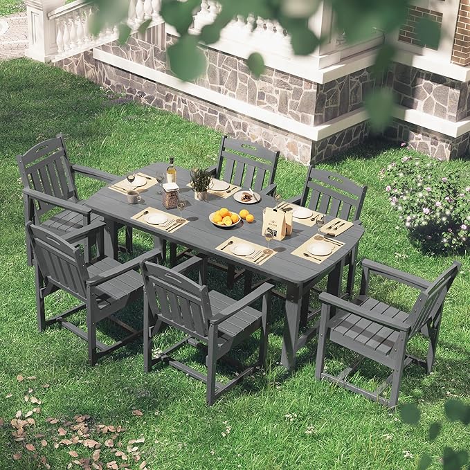 HDPE Outdoor Patio Dining Set with Table & 6 Chairs, All-Weather 7-Piece Outdoor Table and Chairs, 2" Umbrella Hole, Patio Furniture for Garden, Backyard, Deck | Grey Suunyn