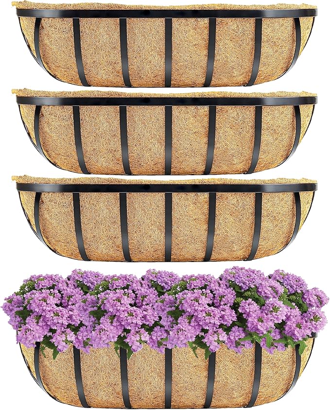 Y&M 4pcs 24 Inch Window Deck with Coco Liner, 24" Window Boxes Horse Trough with Coconut Coir Liner, Black Metal Hanging Flower Planter Window Basket Deck Railing Planter Boxes for Outdoor Indoor YM