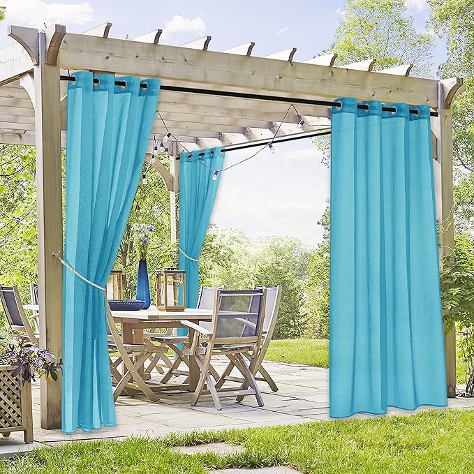 RYB HOME Waterproof Outdoor Curtains - Linen Like Translucent Breathable Sheer Curtains, Quick Dry Easy Slide Draperies for Backyard Patio Verandas, W 54" x L 84", 2 Pieces, Teal RYBHOME