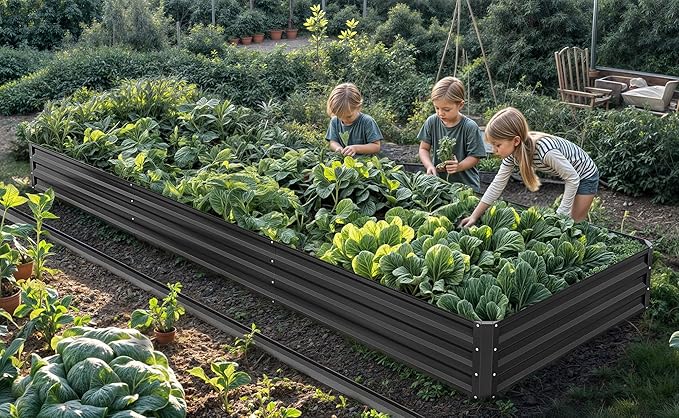 YITAHOME 144x48x12 in Galvanized Raised Garden Bed Kit, Large Metal Planter Box with Gloves, Safety Rubber & Support Rod, Outdoor Flower Bed for Plants Vegetables, Black YITAHOME