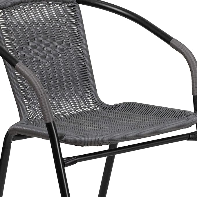 Flash Furniture 3-Piece Patio Dining Set with Round Glass Metal Table and 2 Stackable Rattan Chairs, Indoor/Outdoor Bistro Table and Chairs Set, Gray FlashFurniture