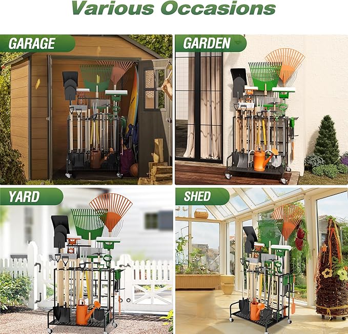 Garden Tool Organizer Rack with Wheels Up to 39 Tools, Heavy-Duty Steel Yard Tool Organizer for Garage Storage with 12 Hooks, Broom Holder & Garden Tool Rack for Shed, Patio, Outdoor Use, Black Sttoraboks