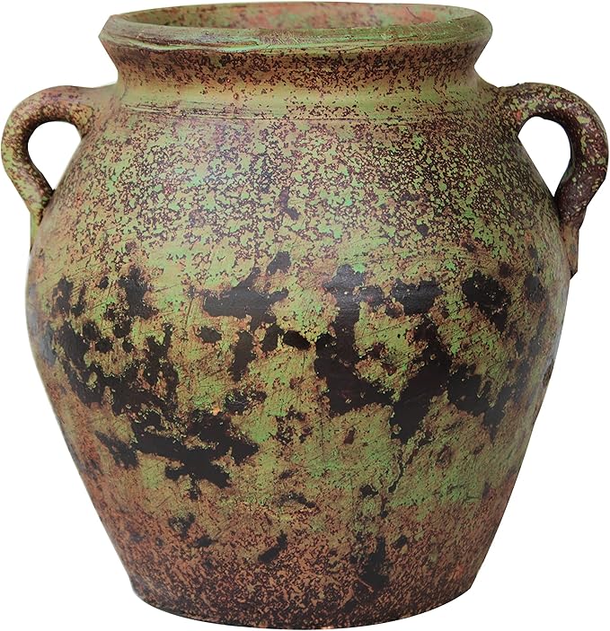 Egyptian Era Designed Earthen Ware Terra-Cotta Vessel/Planter with Looped Handles (Fat Belly Winter Green) Goodman+and+Wife