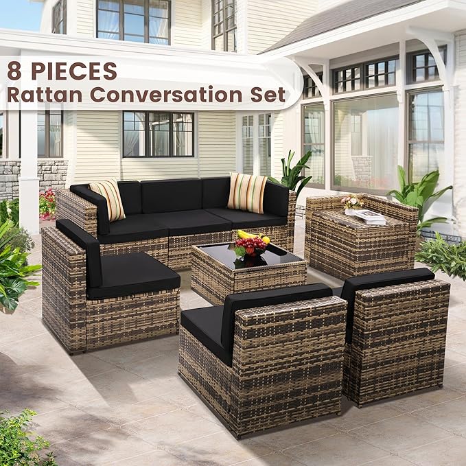 8-Piece Patio Furniture Set, Outdoor Wicker Rattan Sectional with Thick Cushions, Glass Top Table with Hidden Storage, Outdoor Conversation Set for Backyard, Porch, Patio, Black KROFEM
