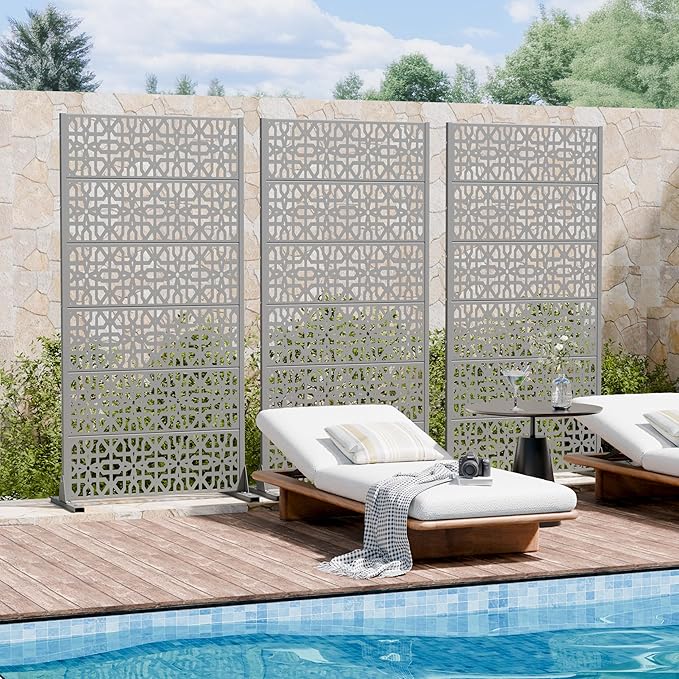 Casaphoria Metal Privacy Screen Outdoor, 72" H x 35" W Freestanding Decorative Privacy Screen for Patio Deck Balcony Garden with Stable Base, Grey-Perilla Casaphoria