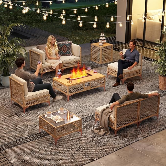 LYNSLIM Outdoor Patio Furniture Set, Wicker Outdoor Sectional Set with Large Fire Pit Table, Boho Patio Conversation Sectional Sofa with Large Tempered Glass Coffee Table and Waterproof Cushion LYNSLIM