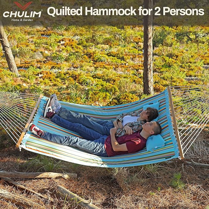 12 FT Double Quilted Fabric Hammock with Spreader Bars and Pillow 450 LBS Weight Capacity 2 Person Hammock for Outdoor Patio Backyard Poolside Blue Stripes CHULIM