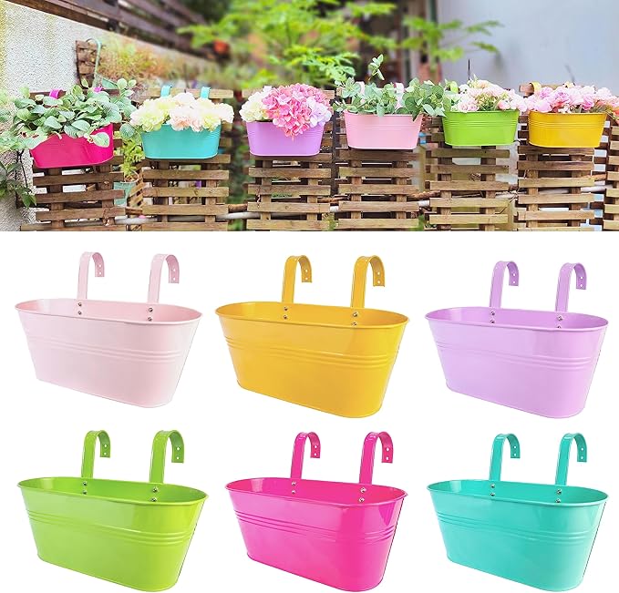 LaLaGreen Rail Planter Outdoor Plants (11.2 Inch, 6 Pack) Colorful Metal Iron Strawberry Hanging Flower Pots Deck Railing, Fence Wall Mount Bucket Modern Window Box Hooks Porch Garden Outside Decor L%C3%A1L%C3%A1Green