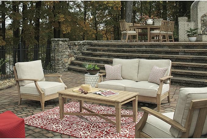 Signature Design by Ashley Clare View Coastal Outdoor Loveseat, Cushioned with Nuvella Fabric, Protective Finish, Eucalyptus Wood, 55.5" W x 35" D x 32" H, Beige SignatureDesignbyAshley