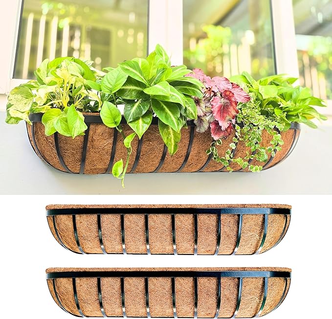 LaLaGreen Deck Railing Planter Box - 2 Pack, 36 Inch Large Wall Planters for Outdoor Plants, Window Flower Boxes Attach House with Coco Liners Metal Horse Troughs Fence Balcony Patio Porch Over Rail L%C3%A1L%C3%A1Green