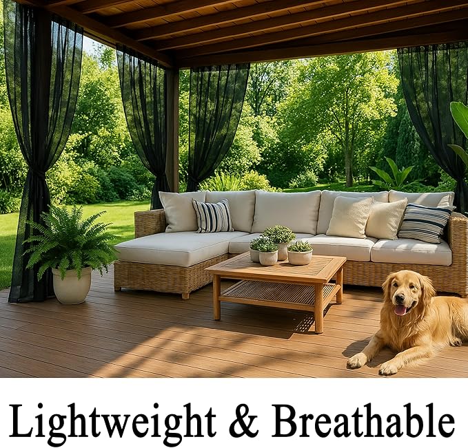 Extra Wide Outdoor Curtains Waterproof Black Voile Mesh Screen Lightweight Privacy Bug Netting for Patio Porch Balcony Pergola Terrace, W125 x L98 inch per Panel, 2 Panels Rootora