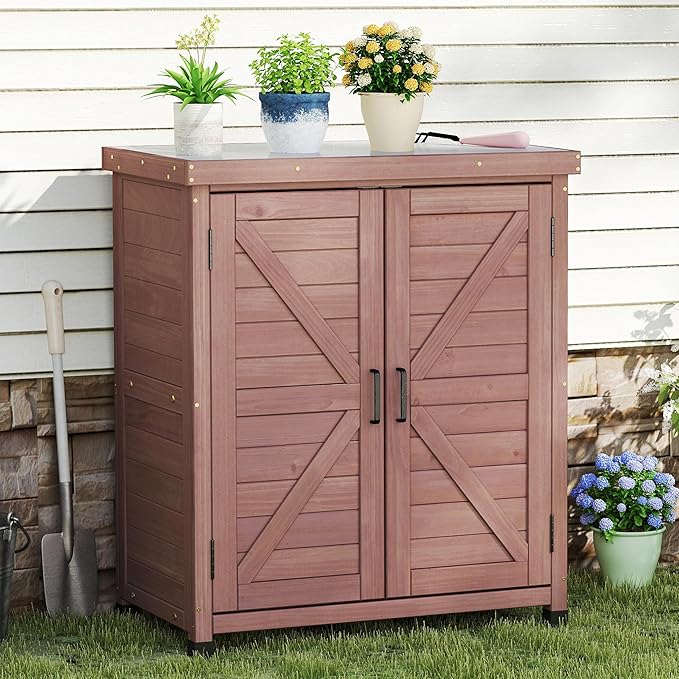 Outdoor Storage Cabinet & Potting Bench Table with Metal Top, Wooden Patio Furniture, Garden Workstation (Royal Brown, 36x31x17in) OutdoorFurniture