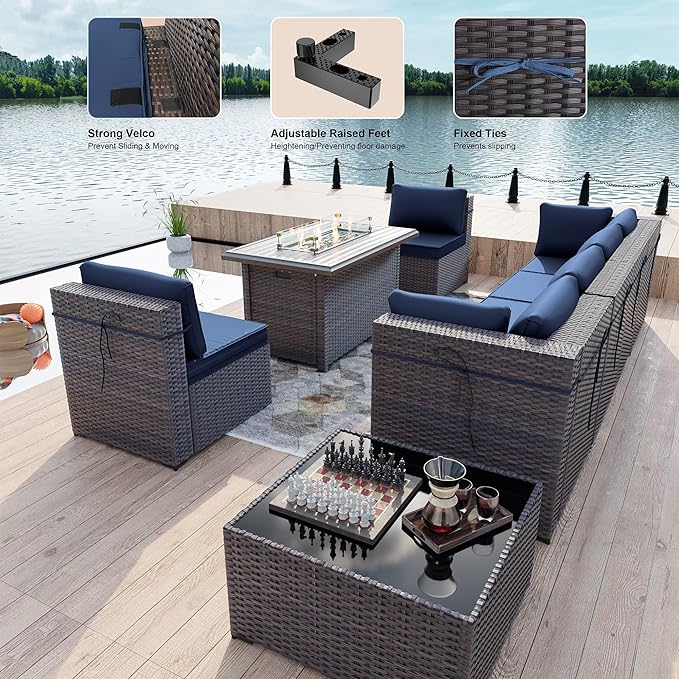 Kullavik 8 Pieces Outdoor Patio Furniture Set with 43" 55000BTU Gas Propane Fire Pit Table PE Wicker Rattan Sectional Sofa Patio Conversation Sets,Navy Blue KULLAVIK