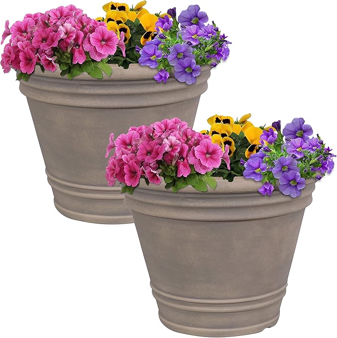 Sunnydaze 20-Inch Franklin Large Plant Pot - Polyresin Round Outdoor Planter with Drillable Drainage Hole - 2 Pack - Beige SunnydazeDecor