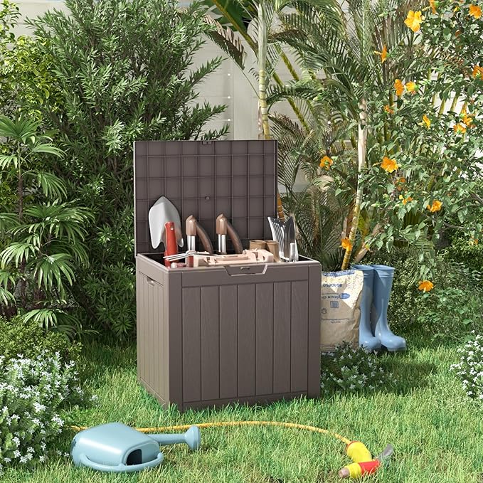 DRATO 35 Gallon Deck Boxes Resin Outdoor Storage Box UV Resistant Outside Deck Box with Lockable Lid for Patio Furniture（Grey，35 Gallon） DRATOprovidesawarmandcozy