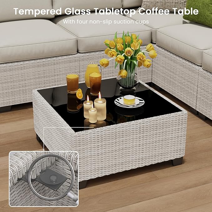 8 Piece Outdoor Patio Furniture Set, Outdoor Sectional Furniture, Rattan & Wicker Modern Modular Conversation Set Sofa Couch W/Water Resistant Washable Thick Cushions and Coffee Table, Beige Olimix