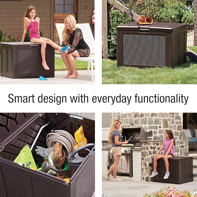 Rubbermaid Medium Resin Outdoor Storage Deck Box (74 Gal) Weather Resistant Brown Deck Organization for Home/Backyard/Pool Chemicals/Toys/Garden Tools/Porch/Patio Cushions Rubbermaid