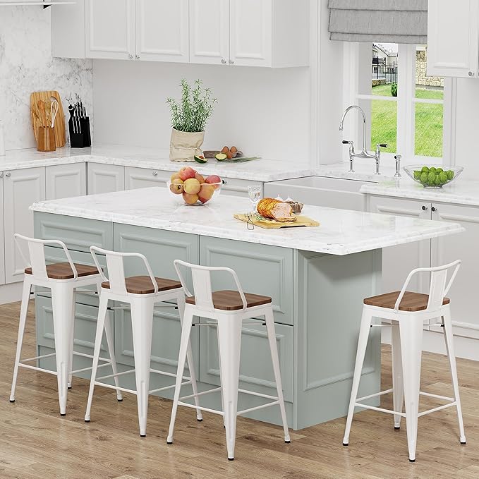Yongchuang 24 inch Metal Bar Stools Set of 4 Counter Height Barstools Farmhouse Kitchen Bar Chairs with Wood Seat Low Back Cream White YongchuangInternational