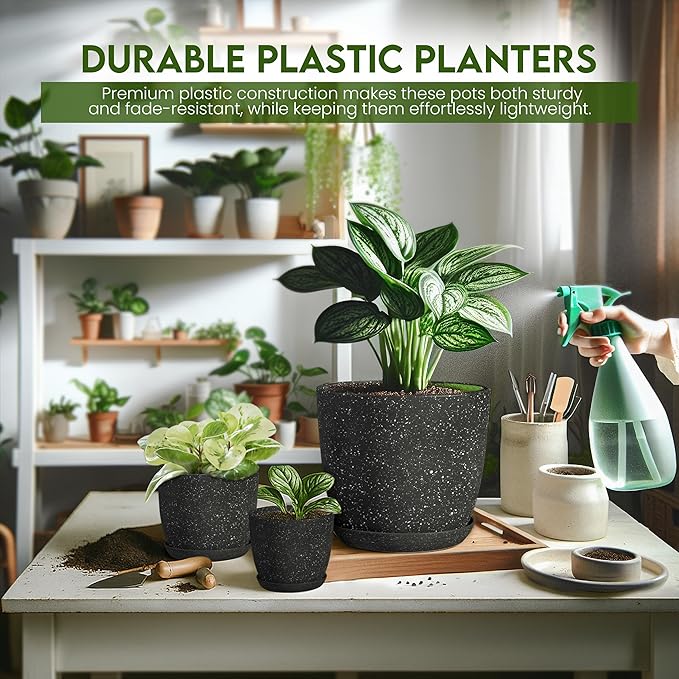 Utopia Home - Spotty Plant Pots Indoor with Drainage - 7/6.6/6/5.3/4.8 Inches Flower Pots - 10 Pack Plastic Planters - Ideal for Stocking Stuffers - (Speckled Black, Pack of 10) UTOPIAHOME