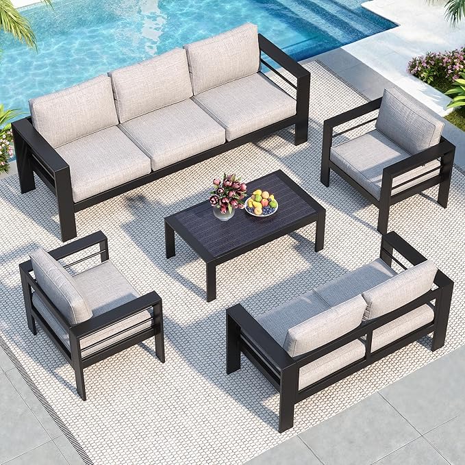 Solaste Aluminum Patio Furniture Set for All Weather, Oversized Metal Outdoor Furniture Set with 27.5" Deep Seating and 3.2" Wide Armrest, Patio Conversation Set with 10’’ Back Cushion, Black and Grey Solaste