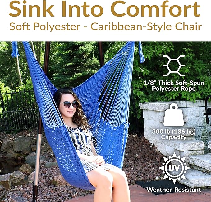 Sunnydaze Outdoor Hammock Chair Swing - Hanging Hammock Swing - Hanging Reading Chair - Soft-Spun Polyester Rope - Caribbean XL - Blue SunnydazeDecor