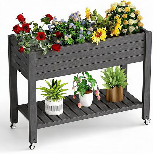 Elevated Raised Garden Bed with Legs, 33.66" Tall Self-Watering Resin Outdoor Planter Box with Storage Shelf, Drain Plug Water & Monitor for Plants Vegetables Flowers Fruits (Black) GYMHILL