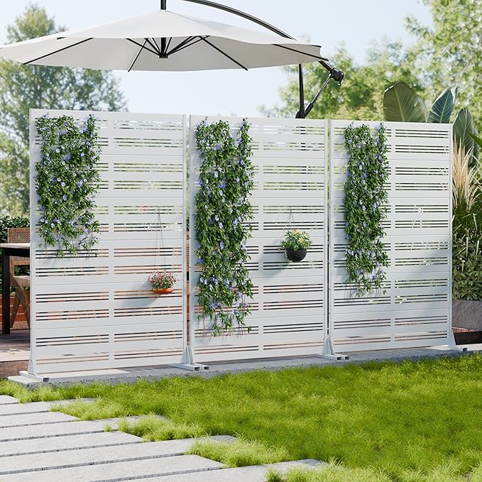 Casaphoria Metal Privacy Screen Outdoor, 72" H x 47" W Freestanding Decorative Privacy Screen for Patio Deck Balcony Garden with Stable Base, White-Harold Casaphoria