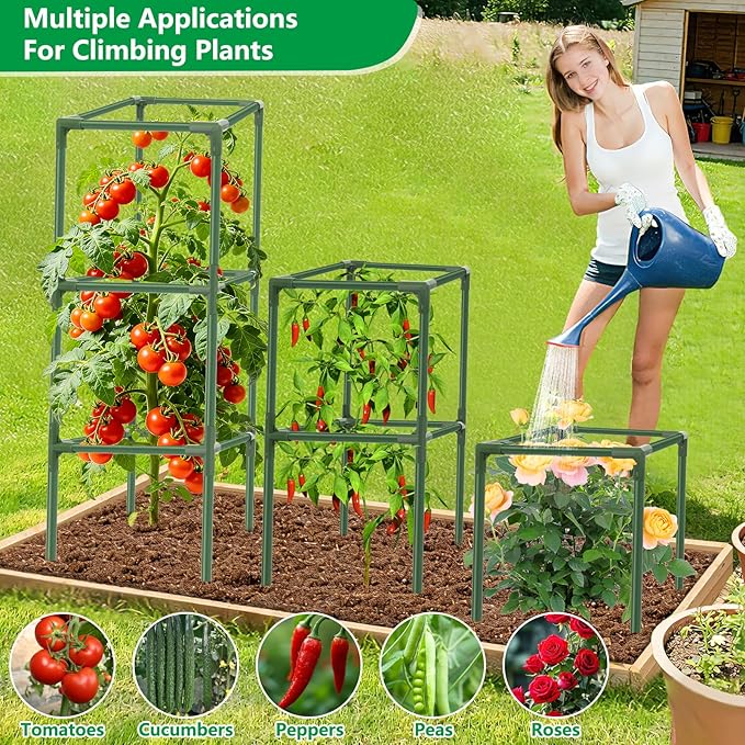 6 Pack Square Tomato Cages, 49.2" Large Upgraded Heavy Duty Steel Tomato Trellis Stakes, Garden Plant Support Cages Kit for Raised Garden Bed, Cucumber Trellis Vegetables and Climbing Plants Rootora