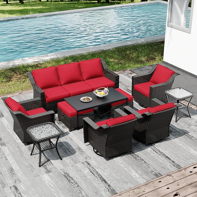 Joyside Wicker Patio Furniture Sets, 10 Pieces Upgraded Large Size Outdoor Furniture with 4 Swivel Rocking Patio Chairs, 3-Seat Sofa, Outdoor Ottoman, Thick Cushions, Wide Armrest, Red Joyside