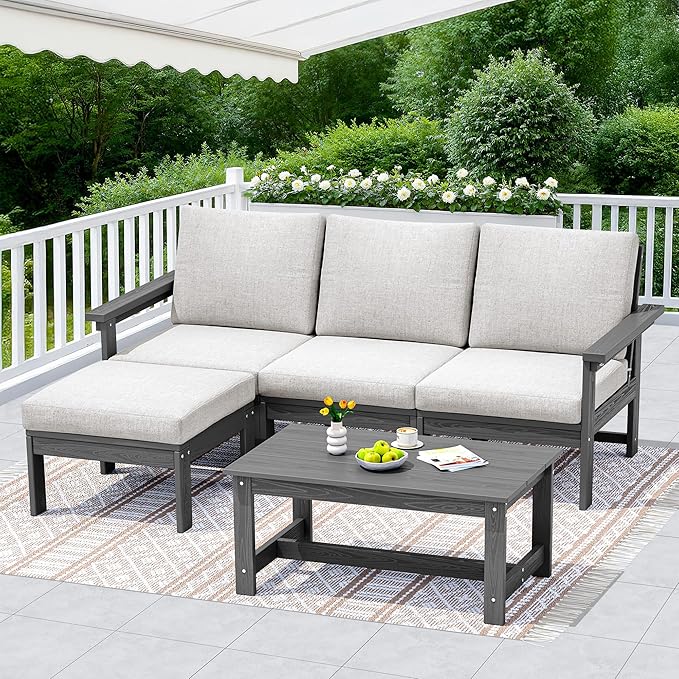 SERWALL Outdoor Sectional Sofa Set, 5-piece Outdoor Modula Couch Set with Ottoman, All Weather Patio Furniture Set with Chaise for Deck, Lawn, Gray Frame with Khaki Cushion SERWALL