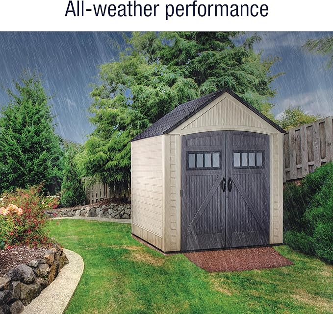 Rubbermaid Resin Outdoor Storage Shed with Floor (7 x 7 Ft) Weather Resistant, Brown Gable, Organization for Home/Backyard/Garden Tools/Lawn Mower/Bike Storage/Pool Supplies Rubbermaid