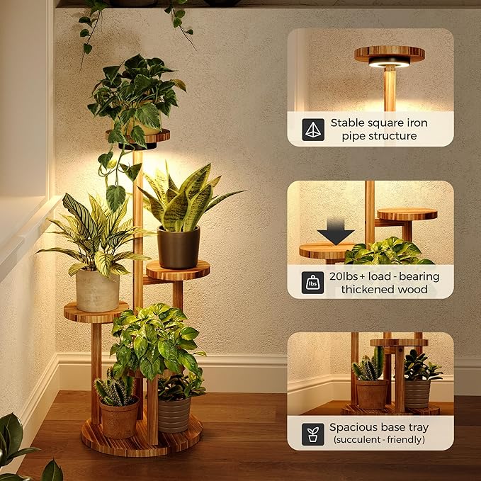 Bamworld Plant Stand Indoor with Grow Lights Plant Shelf 4 Tier Wood Plant Stand for Multiple Plants Tall Corner Plant Stands for Outdoor Round Flower Stand Plant Holder for Living Room Patio Garden Balcony Bamworld