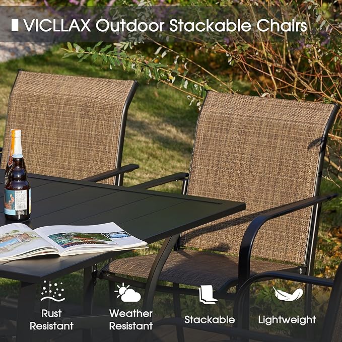 VICLLAX Patio Dining Set for 6, All Weather Metal Outdoor Furniture Set Includes 47" Round Patio Table and 6 Patio Stacking Chairs, Black Tabletop and Brown Fabric HOME