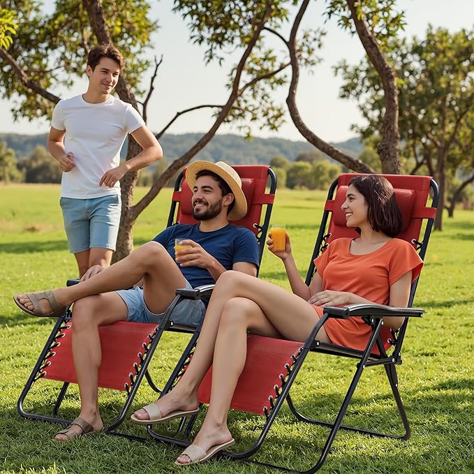 Homall Zero Gravity Patio Folding Lawn Reclining Lounge Chairs Outdoor Gravity Camp Chairs with Cup Holder Pillows for Poolside Backyard and Beach Set of 2 (Red) Homall