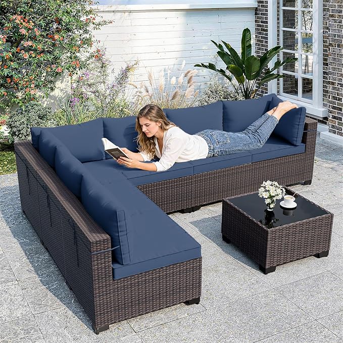 ALAULM Patio Furniture Set with Coffee Table, 7 Pieces Outdoor Sectional with Wide Seat and Thick Cushion, All Weather Wicker Rattan Conversation Set for Backyard, Garden, Deck, NavyBlue ALAULM