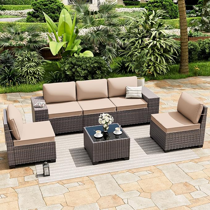 ALAULM 6 Pieces Patio Furniture Set, Oversized Seat/Armrest and High Back Wicker Sectional Furniture Set with Thick Cushion for Backyard, Garden, Sand ALAULM