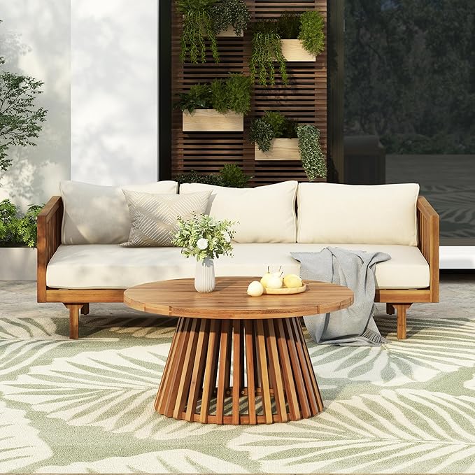 Merax Outdoor Acacia Wood Conversation Set - Patio 3-Seat Loveseat Sofa w/Coushion and Round Coffee Table for Backyard, Lawn, Balcony, Beige +Teak Merax
