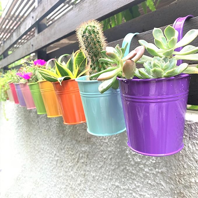 LaLaGreen Small Hanging Planters Outdoor - 10 Pack, 4 Inch Rainbow Planter Colorful Flower Pots Metal Iron, Rail Balcony Garden Deck Railing Plant Hanger Fence Wall, Herb Bucket Indoor Window Boxes L%C3%A1L%C3%A1Green