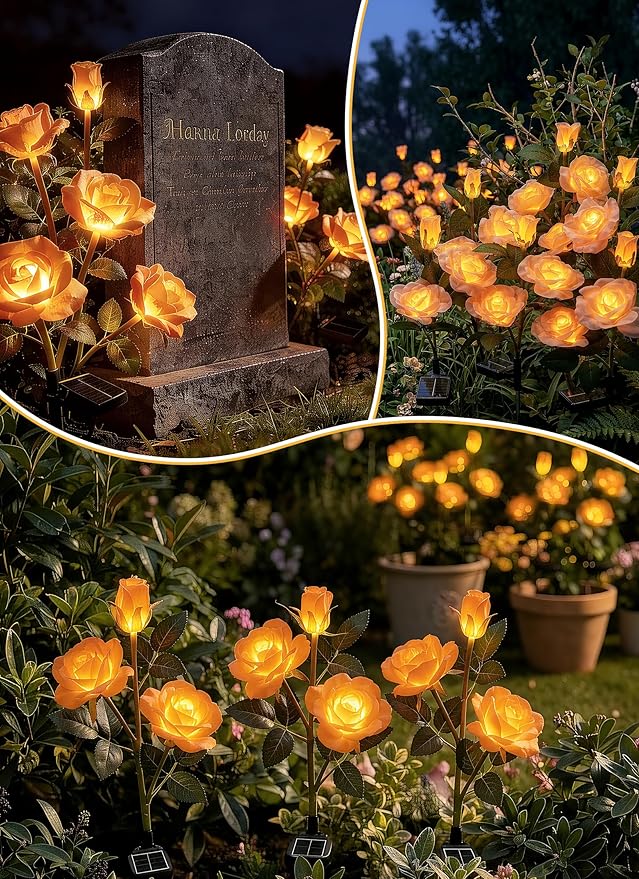 Brightown Outdoor Solar Flower Lights, 4 Pack Solar Garden Light with Larger & More Realistic Champagne Rose, Bigger Solar Panel, Waterproof Solar Lights Outdoor for Yard Garden Lawn Pathway Decor Brightown