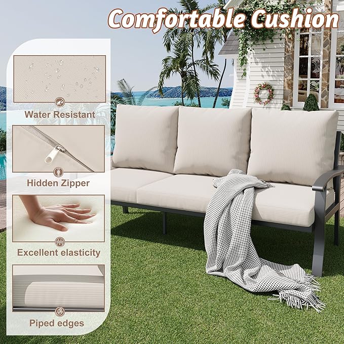 HOMREST Outdoor Couch Aluminum Patio Furniture Sofa, 3-Seat All-Weather Metal Outdoor Patio Furniture with Cushions, Beige HOMREST