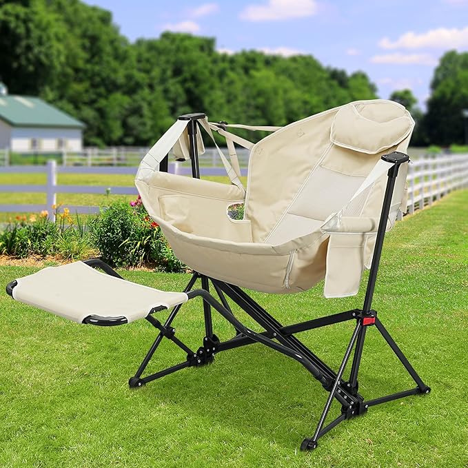 Ainfox Hammock Camping Chair with Footrest, Foldable Portable Rocking Chairs for Adults Outside Swinging Camp with Cup Holder Pillow for Outdoor Patio Poolside (Beige) Ainfox