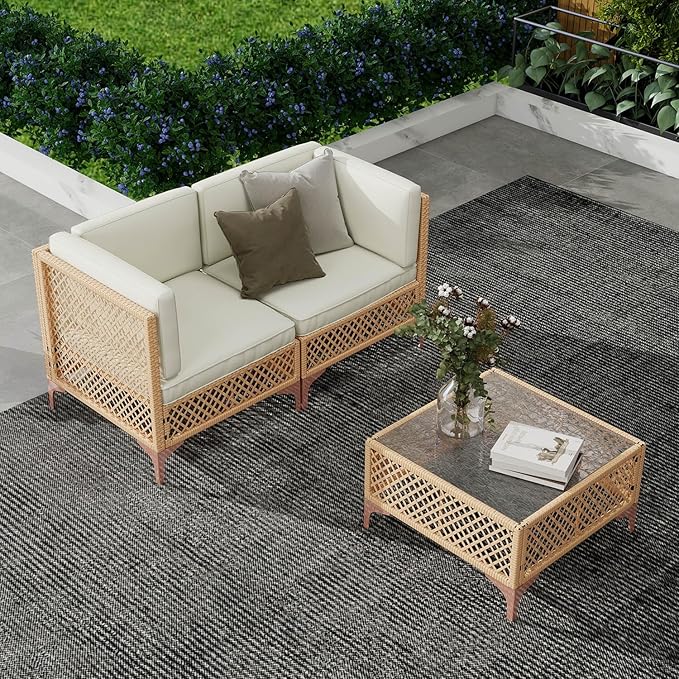 LYNSLIM Outdoor Patio Furniture Set, Wicker Outdoor Sectional Set, Boho Patio Conversation Sectional Sofa with Large Tempered Glass Coffee Table and Waterproof Cushion (3-Piece Patio Furniture) LYNSLIM